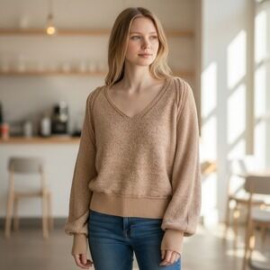 Free People Riptide V-Neck Sweater Peach Sand Combo OB1125680 Small